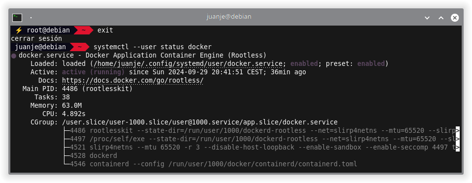 Control del servicio de Docker en modo rootless