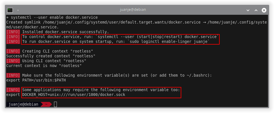 Final de la instalación de Docker en modo rootless