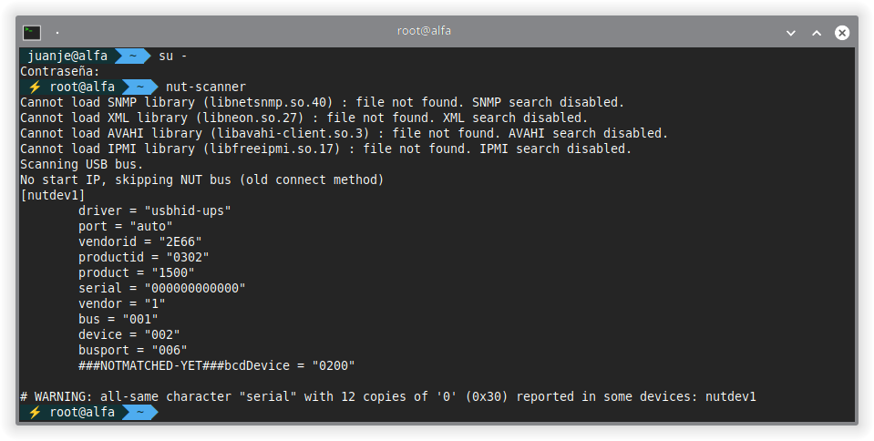 NUT Scanner Output - Detección del SAI