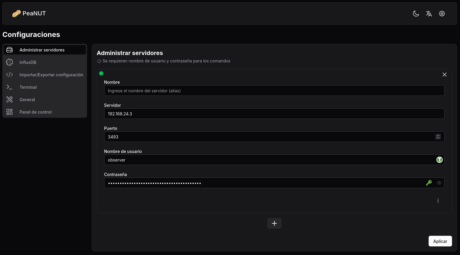 PeaNUT Web Interface - NUT server configuration